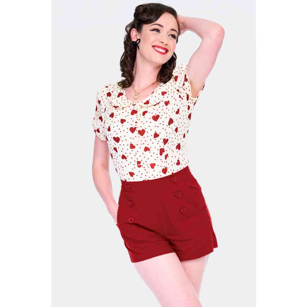 Voodoo Vixen - Heart Polka Dot Collared Top - Creme
